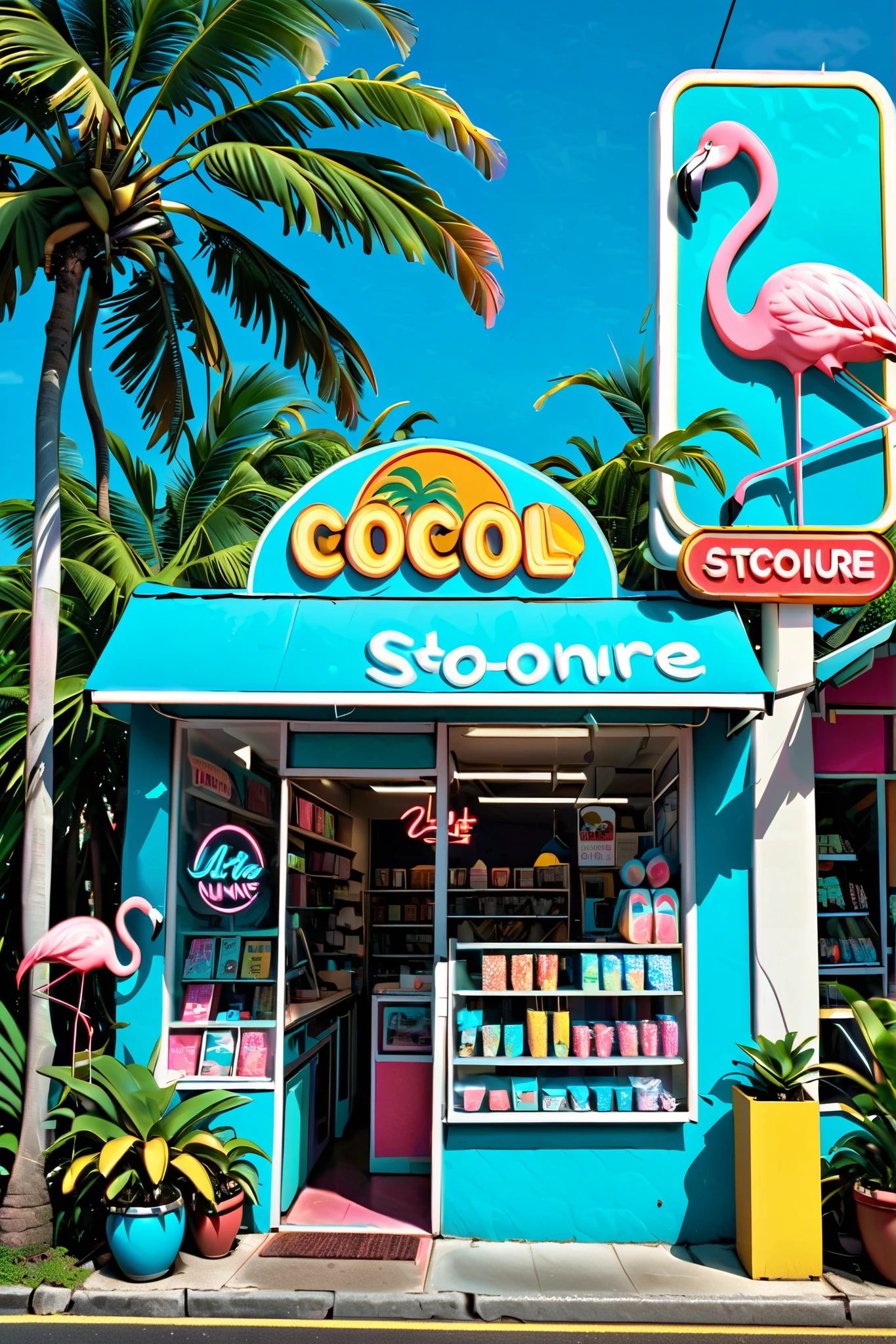 neon,Store sign,Tropical landscape ,coconut tree,sea,Cool Flamingo Wearing Sunglasses,发光的neonStore sign,Ultra high color,bright color