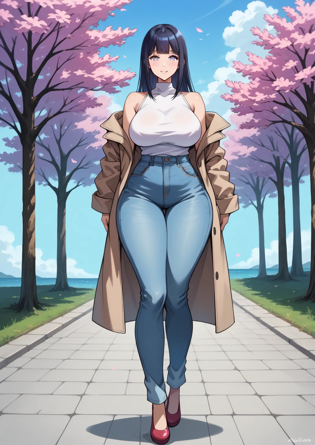 1girl, pear shaped, pear shaped figure, jeans, smug, looking at viewer, massive hips, fat thighs, massive thighs, gigantic belly, hyper