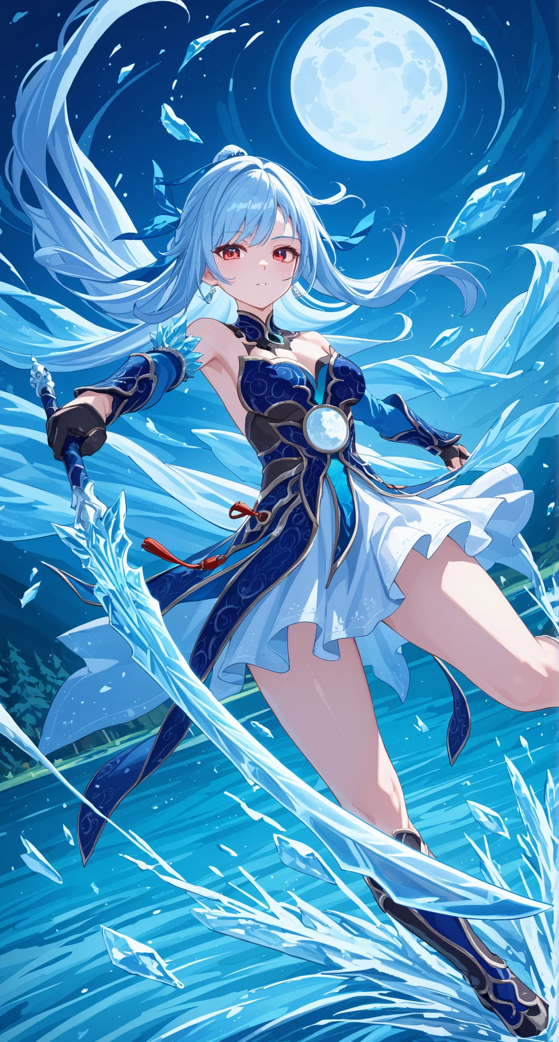 nsfw,Jingliu,glass cover,side shot,alternate color,masterpiece,detailed illustration,lifelike,{{{1Jingliu}}},shiny beautiful woman,cinematic lighting,dynamic angle,dynamic pose,depth of field,looking at viewer,1girl,jgsd,red eyes,blue armored dress,white skirt,tassels,hair ribbon,black gloves,blue sleeves,armored boots,light blue skirt,frozen lake,night,full moon,fighting,ice large sword,expressionless,jumping,floating in the air,leaning forward,open legs