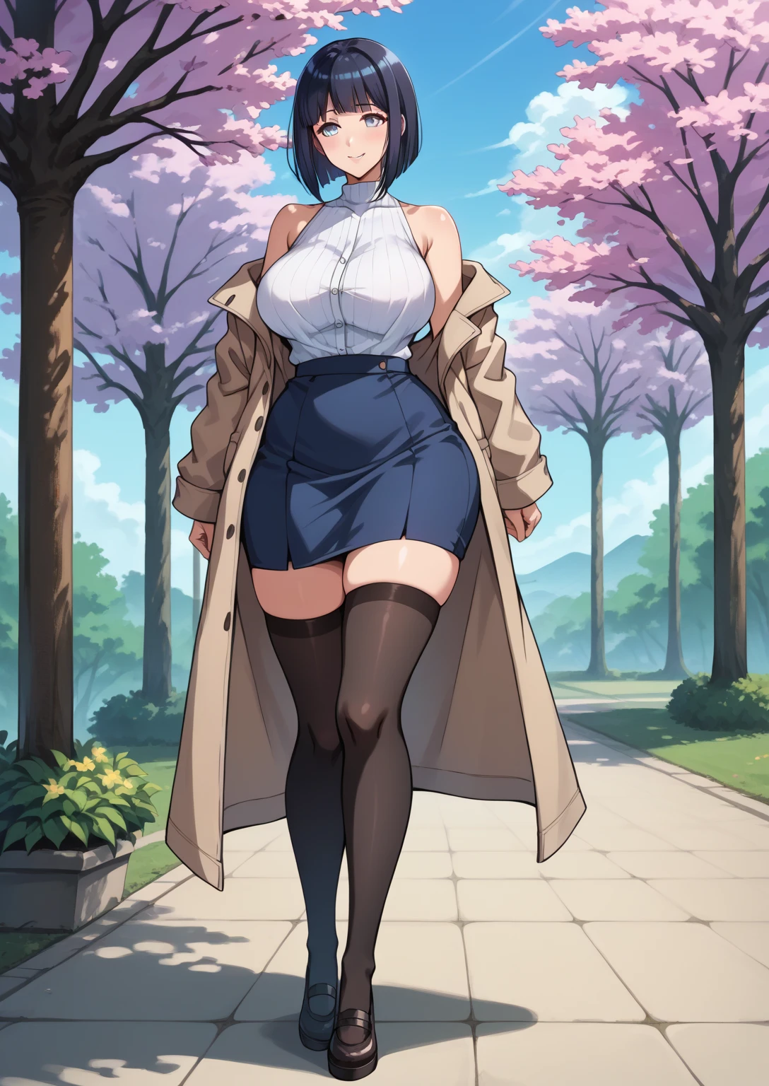(NSFW), Misae Nohara, thick thighs, hourglass figure, half naked, Looking at the viewer with seductive eyes, exposed breasts, brown black hair, hard nipples, exposed vagina, best quality, highres, bbyorf, gold earrings, large breasts, jewelry, off shoulder, red transparent sweater, sweater red transparent dress, long sleeves, no panties, outdoors,finely detailed, quality, rembrandt lighting, black stockings, (intricate details), dramatic, ray tracing, 1girl, (blush:0.5), subsurface scattering, bbyorf, gold earrings, large breasts, jewelry, off shoulder, full body, (bright sunny day, trees, clouds, bushes), 
