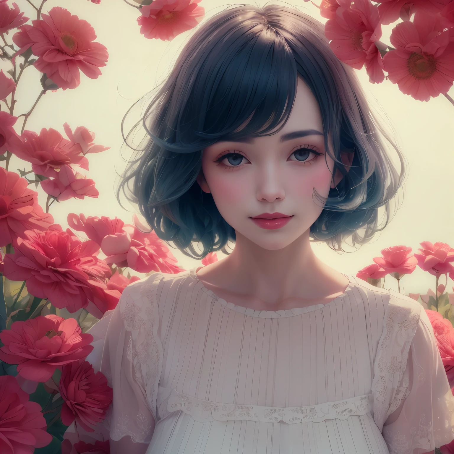382 (20 year old woman),(short hair),(gentle smile),(high quality photos),( cinematic pictures playing on the lawn ),(colorful),(Gorgeous flowers),((contrast between light and shade))