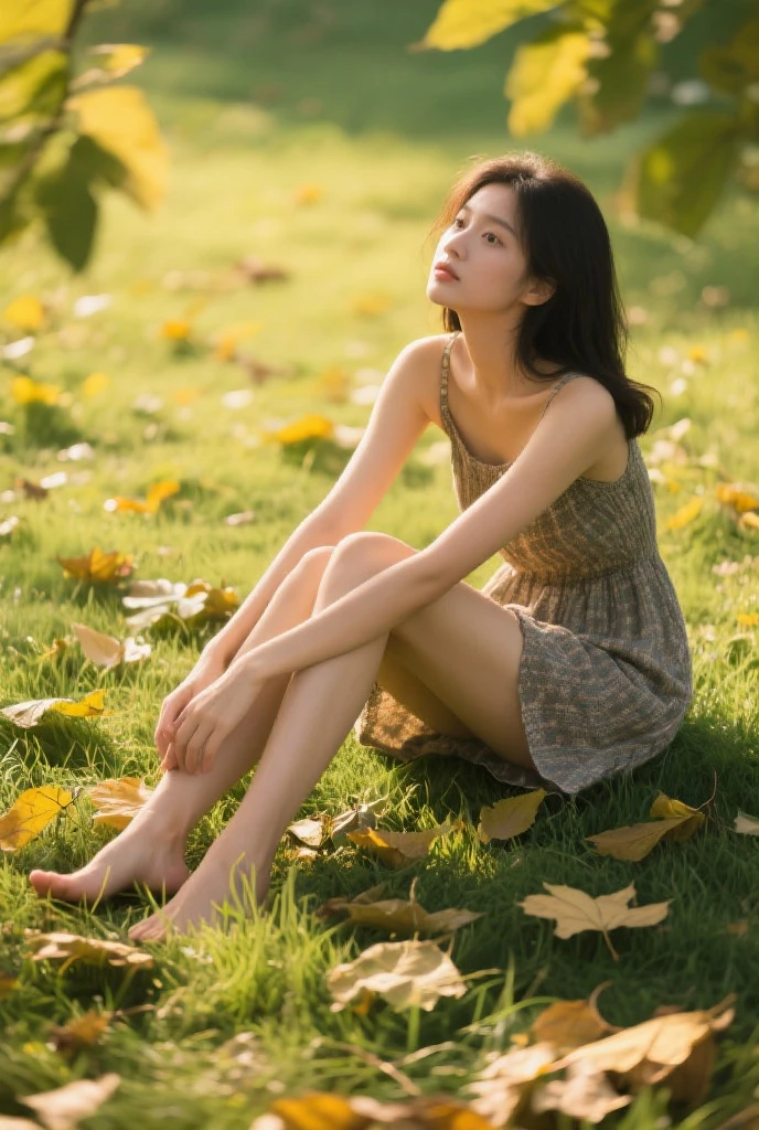 Arapei sits on the grass wearing a hat, on a grassy field, In the grass, on a grassy field, Wearing a yellow dress, stretching her legs on the grass, sitting in a field, sitting on green grass, lady using yellow dress, in a field, in a large grassy green field, in a open green field, on a grassy field