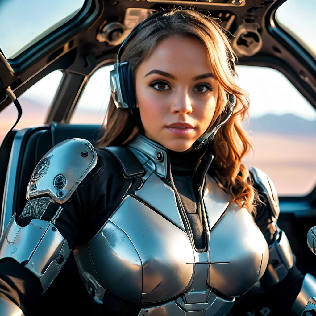 Masterpiece, a beautiful female mech pilot, (Alyssa Sutherland:Janeane Garofalo:0.5), (sitting in the cockpit of a giant robot), high detail plunging partially transparent scifi bodysuit, (small breasts), strong muscular body, short filthy hair, undercut, legs, (scifi environment), cyberpunk, (skin texture:1.1), best quality, ultra high res, (photorealistic: 1.4), Raw photo, by Ellen von Unwerth, Nikon D850 Film Stock Photography, F1.6 Lens, Rich Colors, Realistic, Cinestill 800, backlight, rimlighting, studiolighting