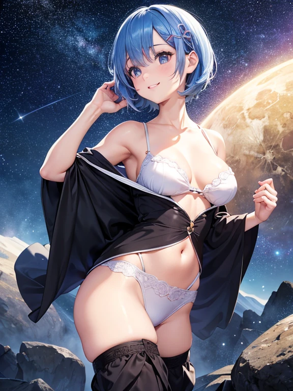masterpiece, Highest quality, Rem, One girl, lingerie,Beautiful eyes,Blue Hair,whole body,Are standing