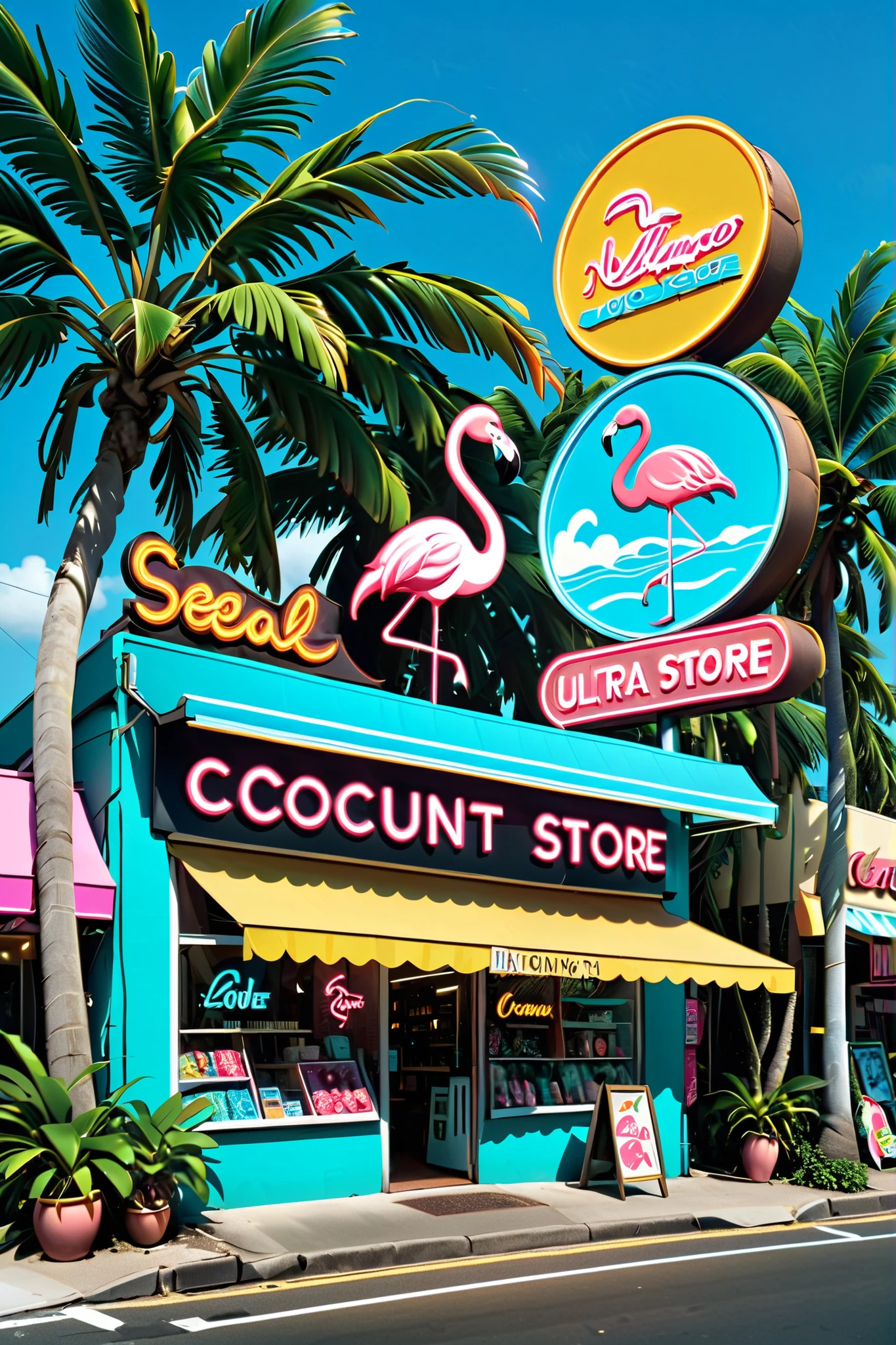 neon,Store sign,Tropical landscape ,coconut tree,sea,Cool Flamingo Wearing Sunglasses,发光的neonStore sign,Ultra high color,bright color
