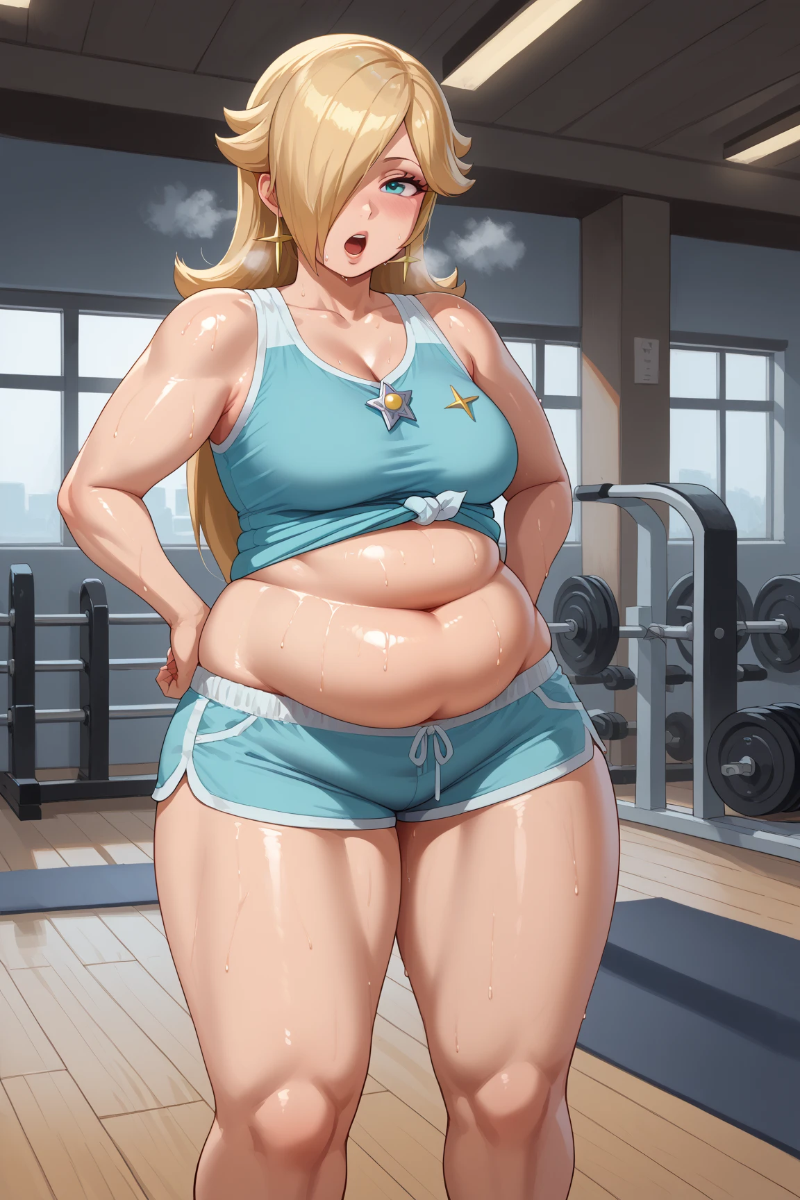 amicia michella - nijisanji, 1girl, brown short hair, yellow inner hair, wavy hair, green eyes, thin lips, painted lips, shy smile face, wide hips, thick thighs, huge round ass, shiny oily breasts, sports bra, full body, gym, nsfw