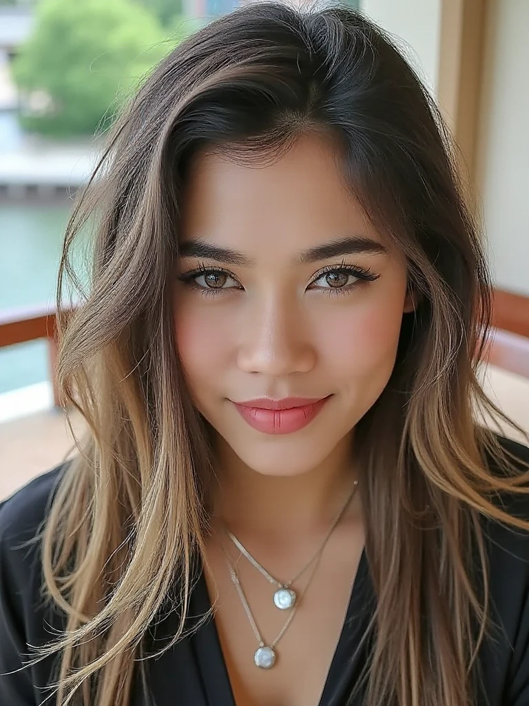 Beautiful woman, dark complexion, mix 4, pink sleeveless sweater, pillow, oval eyes, slim facial features, lips, open mouth, realistic, photo_\(medium\), solo, (masterpiece), (photorealistic: 1.3), ultra detailed, (high detail) skin: 1.2), (best quality: 1.0), (ultra high resolution: 1.0), (Orchan-6500: 0.3), wavy detailed hair, long hair, pink highlights, sunshine, (beautiful detailed makeup), cleavage, seductive smile