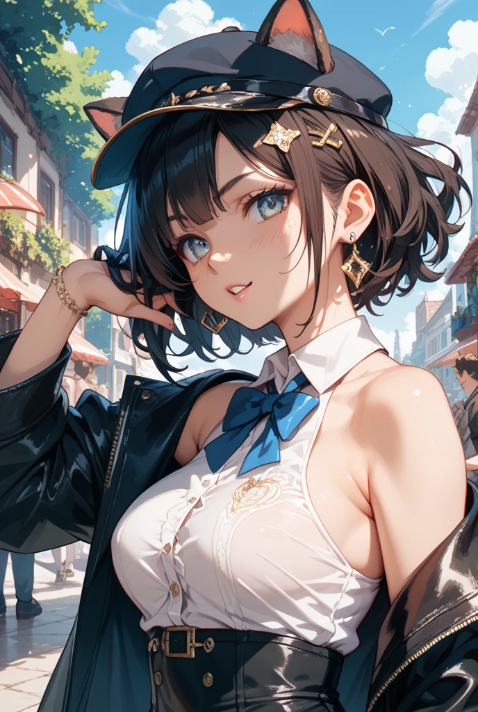 masterpiece, best quality, a beautiful and amazing stokke , pokies, Granblue Fantasy,Djeeta, <lora:xili.v01:0.6> , dark brown short hair, cap , unzip, absurdres, high resoluion, photorealistic, intricate details, complex background, by artgerm,