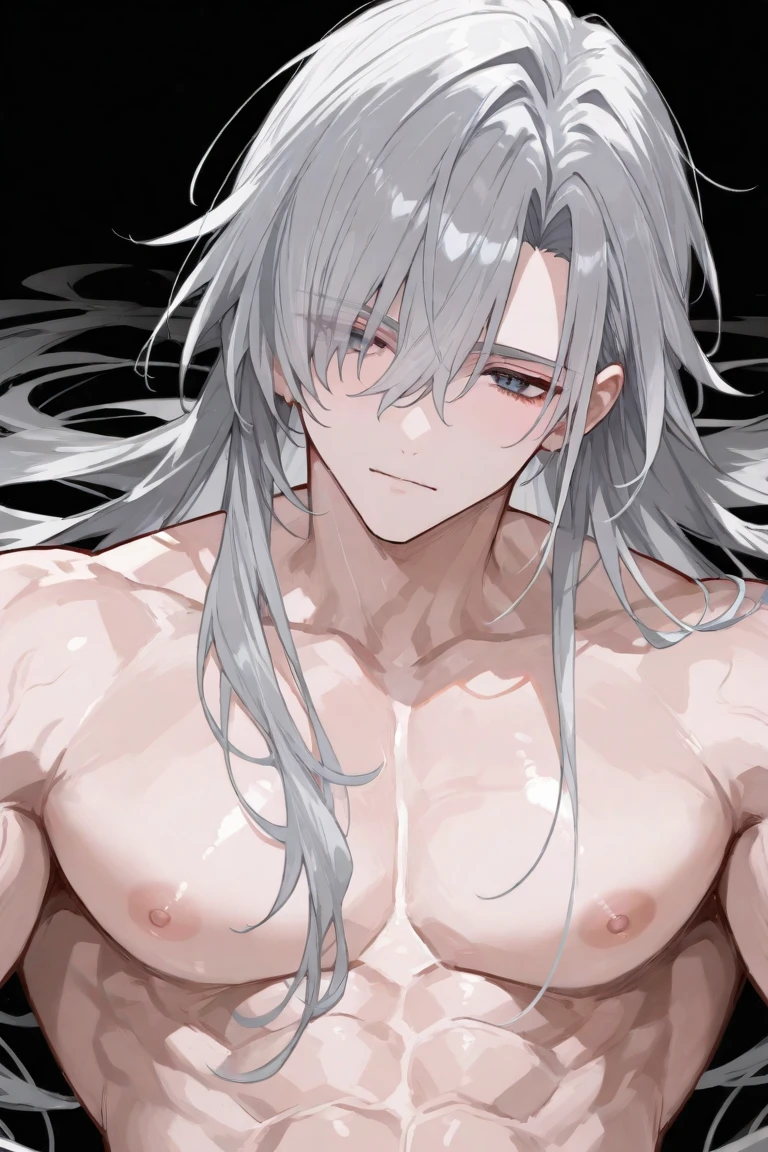 (Highest quality). (Very detailed). (1 boy) (Detailed prerequisites) Adult male, tall, handsome, white hair, silky hair, blue eyes, young man, fighting pose, smiling, slim muscular, (big cock (attached between the legs), flesh-colored dick, large penis, erect penis, flesh-colored testicles, large ejaculation), erect nipples, nude, fully naked