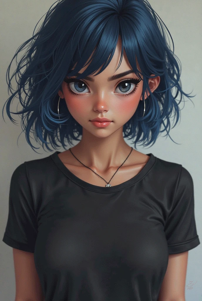 Masterpiece, Best Quality, 3D Rip Artwork, 3DMM Style, Close-up, Portrait, Realism, Solo Girl, Colorful Hair, Blue Hair, Brunette Hair, Freckles, Bi-color Hair, Look to the Side, Simple Background, Black Eyes, Short Hair & Bangs, Parted Lips, Challenge Eye, Black Shirt, Shirt Detail, Watermark Treatment.