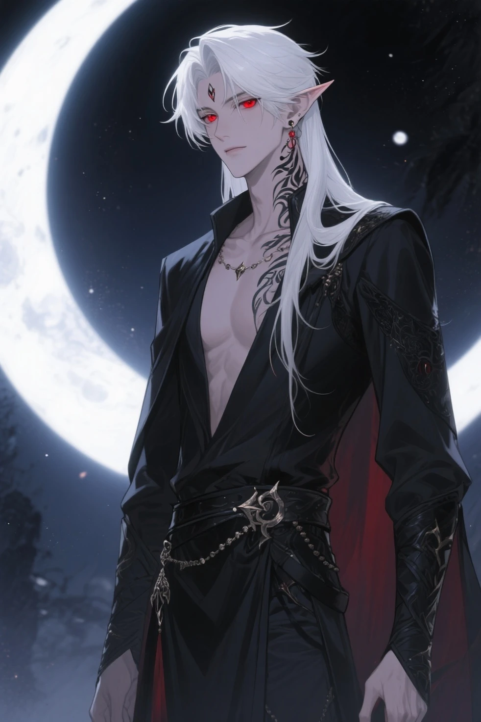 (absurdres, highres, ultra detailed), 1man, adult, handsome, tall,, finely detailed eyes and detailed face, black leather pants, no shirt, open chest, night, smile, dutch angle, ((long white hair)), (((wolf ears))), wolf white tail, moon, forest, black horns in his head, silver details, earrings, black chocker, gothic, dark, black simple dress, looking at the view, pale skin, yellow detailed eyes, eyeliner, dog collar, (((open chest))), leather jacket, intense eyes
