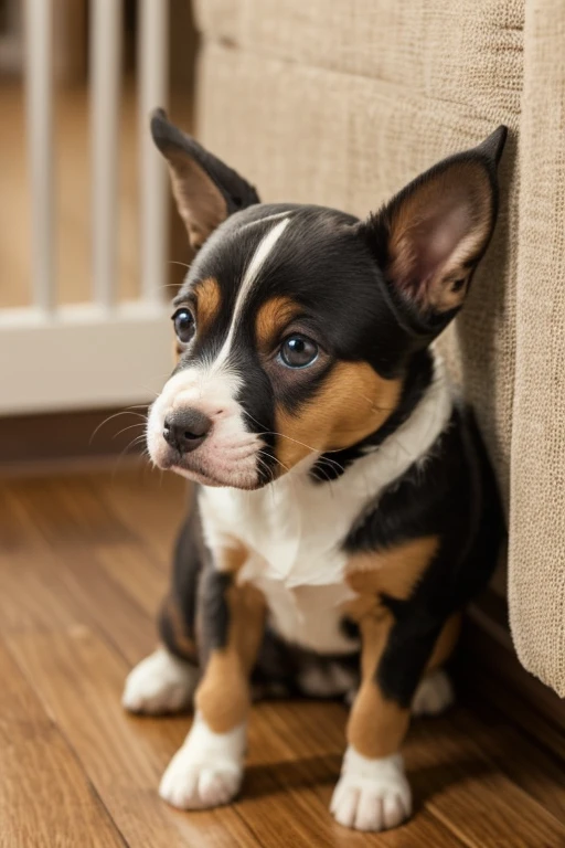 a little and cute puppyg jumping in sofa realistic, close-up,