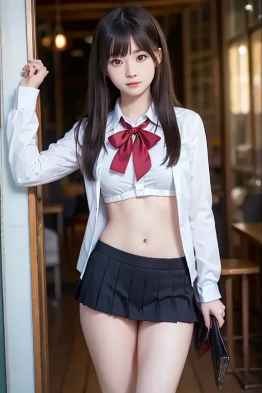 (best quality:1.2), (masterpiece:1.2), full body, very detailed, high resolution, 8k, ((1 girl)), (cute Japanese woman), (cute 24 year old beauty), Round face, cute round face, slim body, (slightly saggy medium breasts), thin lips, detailed face, Beautiful and elegant face, cute face, natural bangs, arched eyebrows, well-groomed eyebrows, (big eyes with a good balance between the left and right sides), cute eyes, beautiful eyes, beautiful thin nose, beautiful face line, (beautiful skin), medium hair, ((natural bangs)), slim figure, beautiful legs, smooth skin , slim and beautiful thighs, cute and sexy slim 24 year old woman, fair skin, Beautiful breasts, medium breasts, I-type Valley, cleavage, (The best lighting:1.5), (Slender and slim body:1.5), (Slim waist), (slim hips), Black hair, brunette hair, (Round face:1.4), ((underboob)), Black hair, , high , sailor suit, pleated micro mini skirt, white blouse, ribbon, See-through stockings with lace, Beautiful navel,