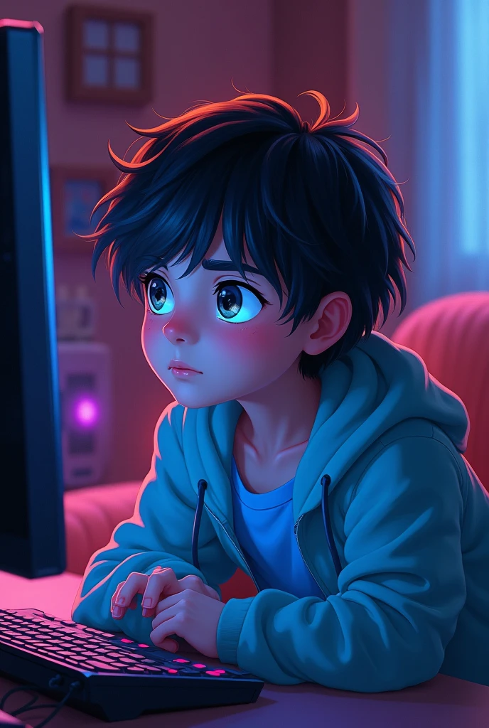 A young boy around the age 20's in hoodie with his hoodie cap covering his head to the eye level seated in front of a desk with appears to be a pent house with a nighttime cityscape view behind him, and on the desk is podcast mic and open laptop. i want the image to to a close up shot