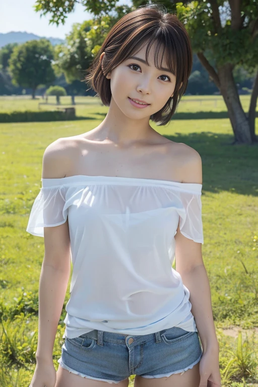 highest quality、Ultra-high resolution、8k、masterpiece、Clear photos、Sharp focus、Delicate and beautiful 、Very cute girl、18-year-old、thin、Slender body、Tight waist、See-through wet white shirt、Soaking wet、Skin color is visible:1.8、Very short bob hair、Brown Hair、smile、squat:1.6、On the grass in the park、Beautiful legs、Squat