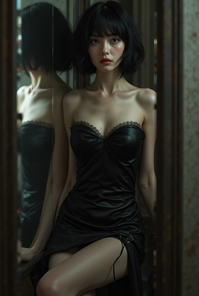 1 girl, short red hair, short pixie cut, dungeon, dark, dimmed light, gothic, black corset, black lace choker, thighhigh boots
dramatic pose, dramatic lighting.