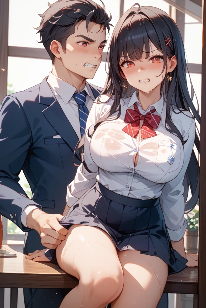 ((a colorful))、(top-quality、hight resolution、8k、masterpiece:1.2)。Curvaceous but slender、Muchimuchi Body、mole、Eyebrows、double tooth、canine teeth、poneyTail、Fleshy lips、well-muscled、Muscular nose、Distant angle、portlate、School uniform half-taken off、SFW, Realistic, masutepiece, VERY crowded subway train interior detailed scenario, VERY crowded subway train interior detailed background, Insanely hot standing (woman 1) Use something sexy ((School uniform)), (((Lifted skirt)), (Big ass), (molesting), (fear expression), blushed face, Ass of a muscular old man groping a woman from behind 1,(((Muscular old man pressing chest on the back of woman 1))) And (((holding her waist behind her)))