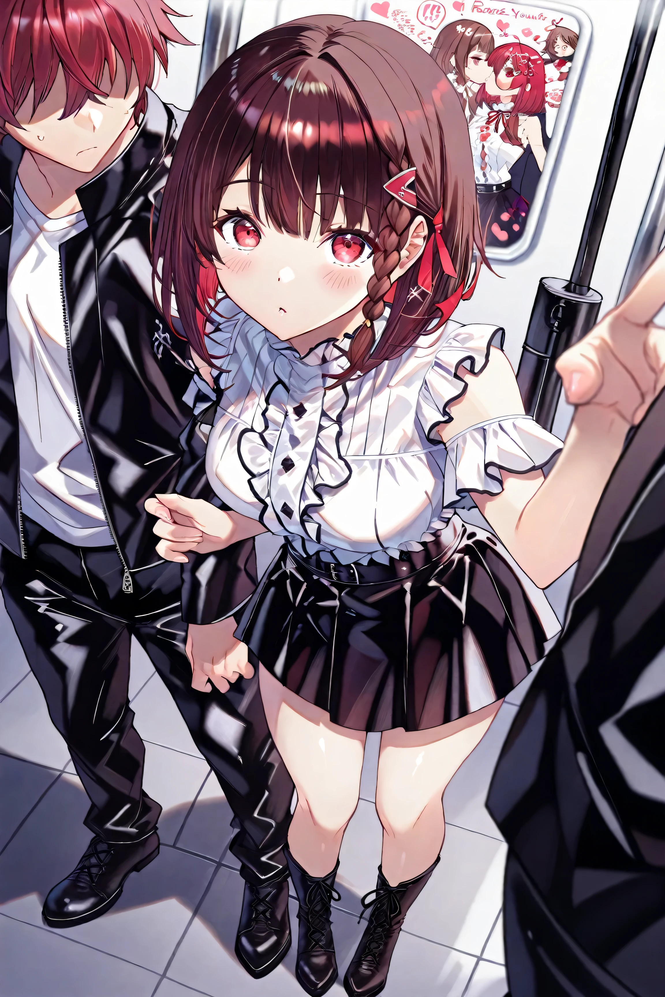 one girl、Japanese、delicate、standing、black skirt、leather boots、brown hair、Braid braid bob、red hair ornament、red eyes、Japaneseのコート、ruffled shirt、embarrassing、patience、full body、you can touch your thighs、climax、deep kiss、rapes、restraint、Molester、two men、masterpiece、Highest Quality