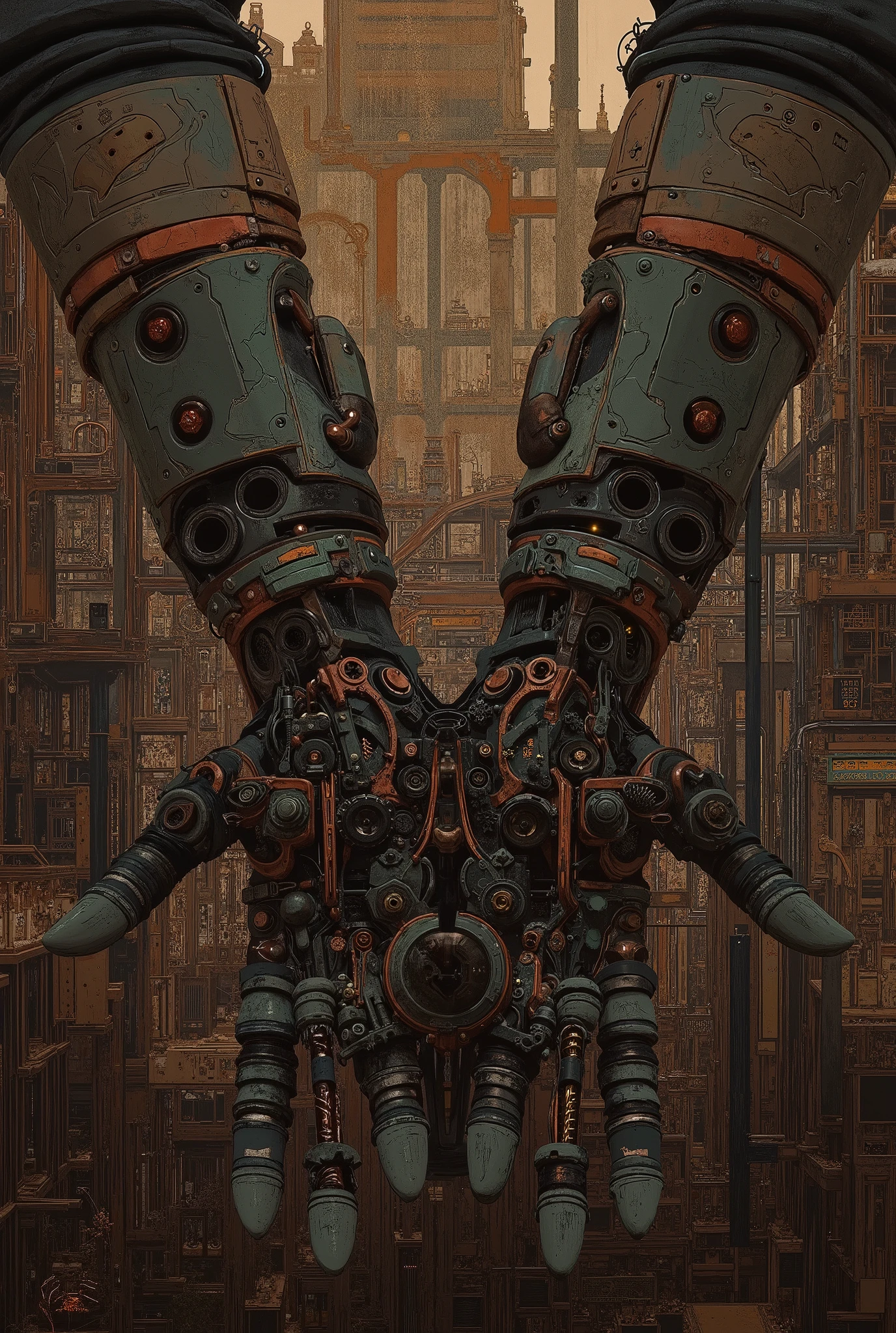 pair of intricate biomechanical hands, steampunk technology, highly detailed gears, pistons, and metal components, complex machinery, industrial atmosphere, warm lighting, moody colors, cinematic, concept art, digital art, 8K, ultra-detailed, photorealistic