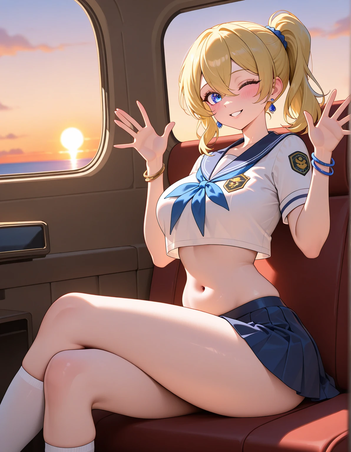 hitenkei style, claude monet, oil painting, nsfw, masterpiece, 1 girl, erect nipples, intricately detailed, ((topless)), navel, office skirt, pantyhose, bare shoulders, choker, erect nipples, puffy nipples, extremely detailed, photorealistic, octane render, 8 k, unreal engine, bare breasts, nipples, bare stomach, flight attendant, airplane interior, plane aisle, pillbox hat, smiling, collarbone, wet body, blonde hair, white curtain, window, interior, ray of lights, aqua eyes, very short hair, pixie cut hair, uneven bangs, arm straps, half gloves