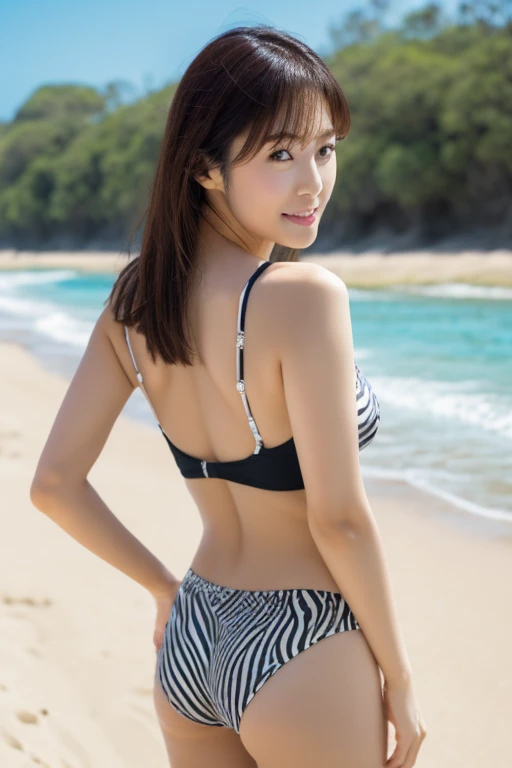 8K, masutepiece, Raw photo, Best Quality, Photorealistic, Highly detailed CG Unity 8K wallpaper, depth of fields, Cinematic Light, Lens Flare, Ray tracing, (Extremely beautiful face, Beautiful lips, Beautiful eyes), intricate detail face, ((Ultra detailed skin)) 1girl in, deepshadow, Pretty Korean girl, Kpop Idol, 1 girl, (Very slim and slender fit muscular body:1.3), ((Looking at Viewer)),(Big smile:1.3), ( (Blurred background) ), (No people in the background:1.3), Beautiful earrings, Bracelets, Necklace, Clear eyes, Walking , Front shot, (pale skin), (Big eyes), Face forward, (Full body shot), (Brown hairs), open navel, (Looking at Viewer:1.3), Very slim, medium breasts, (Camel toe), thick thighs, turn back, ((backtrack, Back shot)), exposed ass, upper Shot,Zebra print bikini,Standing on the beach,the beach