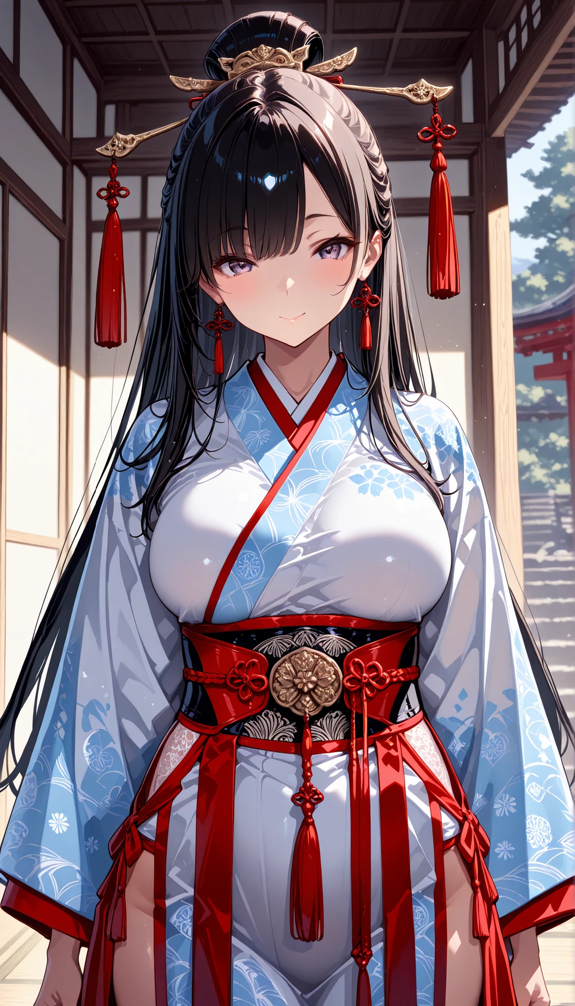 (((Best quality, 8k, Masterpiece: 1.3)), ((best quality)), Highly detailed face and skin texture, (Detailed eyes), Japanese Heian period women's costume, juni-hitoe, Black shiny hair, long hair, Japanese woman, beautiful woman, Facing forward, cowboy shot