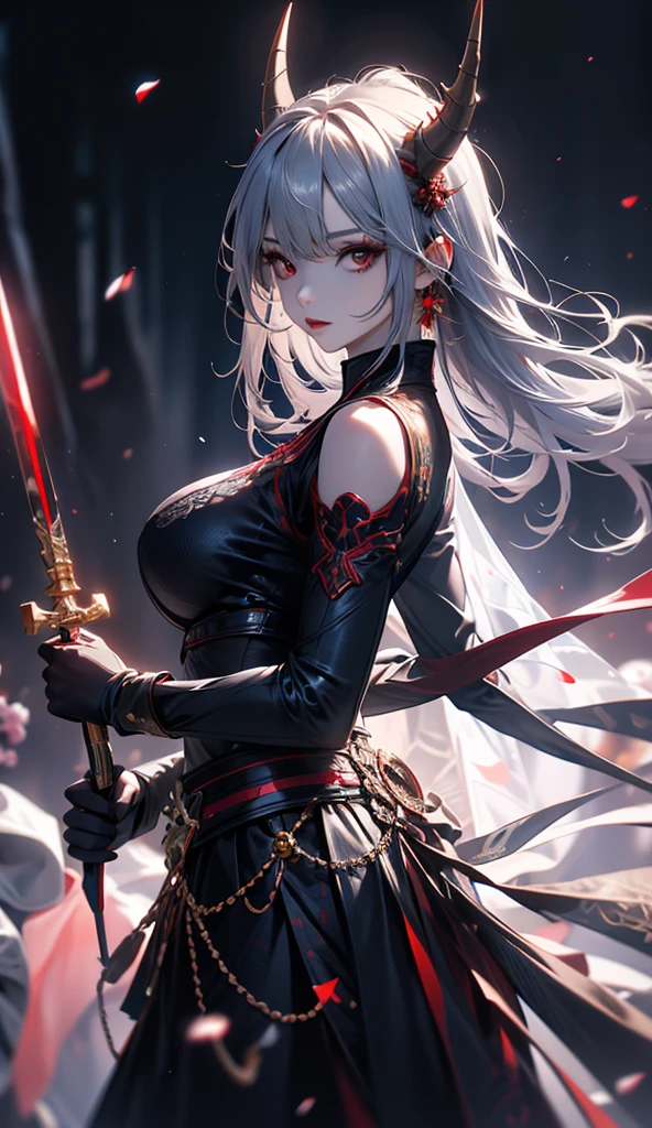 An adult woman half fox and wolf, wide breasts, red eyes, white hair, very angry, with an open little black dress, with her back turned, holding a sword