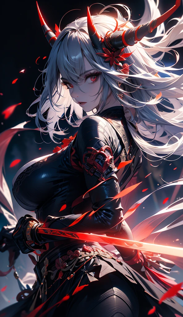 tomboy girl, handsome, short hair, (masterpiece:1.2、highest quality), (Exquisite eyes: 1.2), (Detailed Background、Dark fantasy), (cute detailed face), High Contrast, (Best lighting、Very delicate and cool), ((Cinema Lighting) )), black coat with white dirty dress, blood splatter, colorful, Hyper Detail, Dramatic Light, Intricate details, serious face, blue moon behind (20 years old, 1 girl, solo, white short hair, white messy hair, pony in left ,Sharp Face, red eyes, white hair between the red eyes, Dynamic Angle), (Blood splatter:1.4), Black light swirling around the character, Depth of written boundary, blue light particles, Nightcore, black magician, Spectacular anime style, zerochan art, Anime Wallpaper, Burning, High quality anime art style, Key Anime Art
