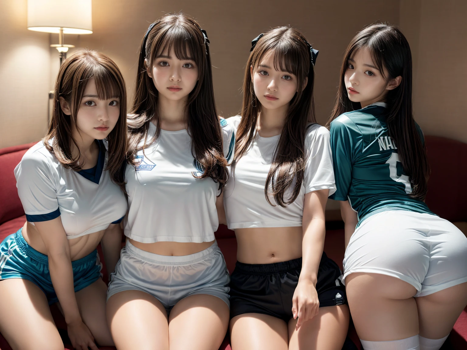 Top image quality、8K、extra detailed face、((Buruma))、Tempting smile、Provocative facial expressions、Mature expression double big eyes、Beautiful eyes、Three women in bloomers taking a photo in front of the window, Girls, Natural makeup、Ecchi style, Smooth, Ecchi, Ecchi style, Realistic style, [ ]!!, , kawaii, kawaii hq render,Colossal tits、((Showing))