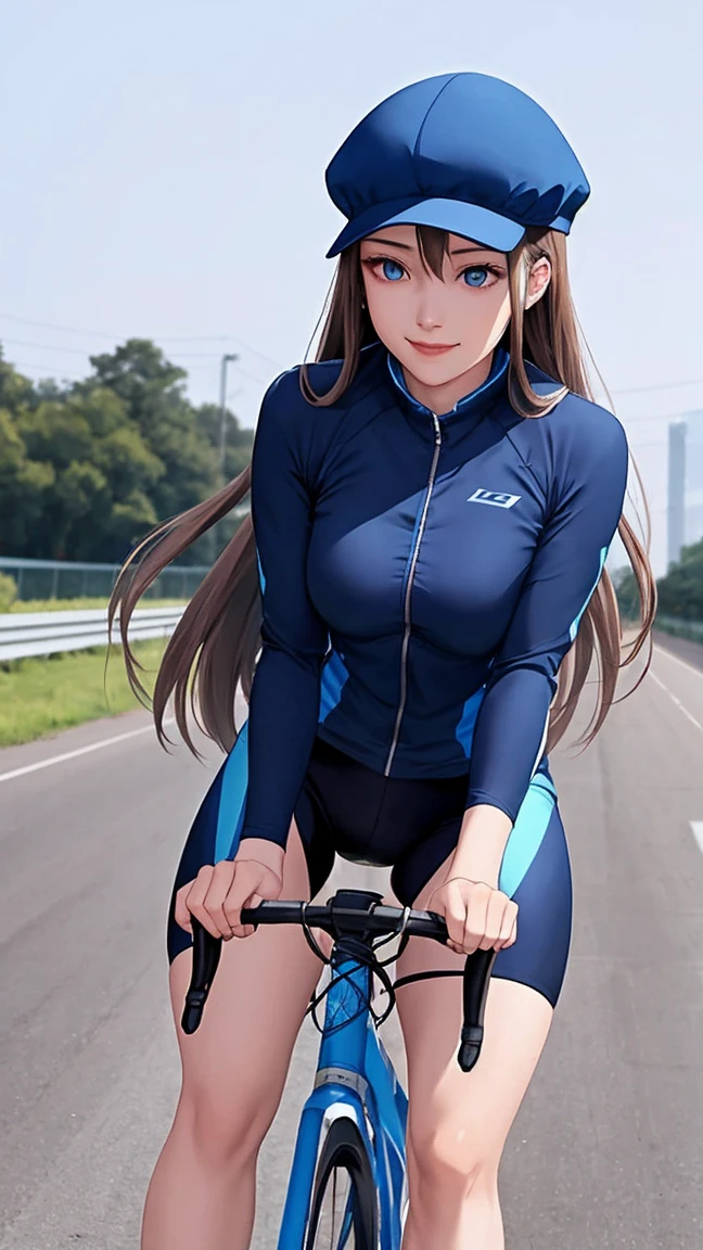 NSFW、Highest quality、(One girl),Big Breasts、(Road bike)、((ride a bicycle))、Smiling at the viewer、Beautiful Eyes、Beautiful Face、Delicate eyes、Tight sportswear、((Sweatで透けたスポーツウェア))、Sweat、refreshing plateau、、