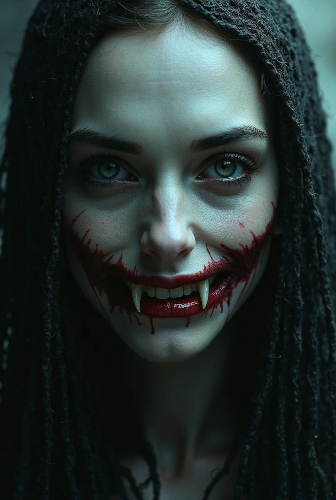 (masterpiece)+, (extremely (realistic)+,a portrait of an beautiful young female ghoul, Pale skin, Glowing eyes, Mouth rip open wide, razor Sharp teeth, wavy black hair. Predatory stare. Looking in camera. volumetrics dtx, Photorealistic, ultra detailed, Artstation trending, very very detailed, realistic shaded lighting, dynamic shadows, detailed Crypt background, upper body, professional photograph of a detailed skin, sharp focus, dramatic, award winning, cinematic lighting, octane render, unreal engine, volumetrics dtx, Photorealistic, ultra detailed, Artstation trending, very very detailed, hyperrealistic, fine details, realistic shaded lighting, dynamic shadows, Crypt background, add_detail:1, skin pores and wrinkles, details.,More Reasonable Details
