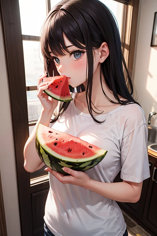 Arafi girl with long black hair eating watermelon, realistic young gravure idol, shikamimi, young gravure idol, Young beautiful girl gravure idol, young slender gravure idol, Ulzzang, Yoshitomo Nara, sakimichan, real anime girl, cute core, Gweiz