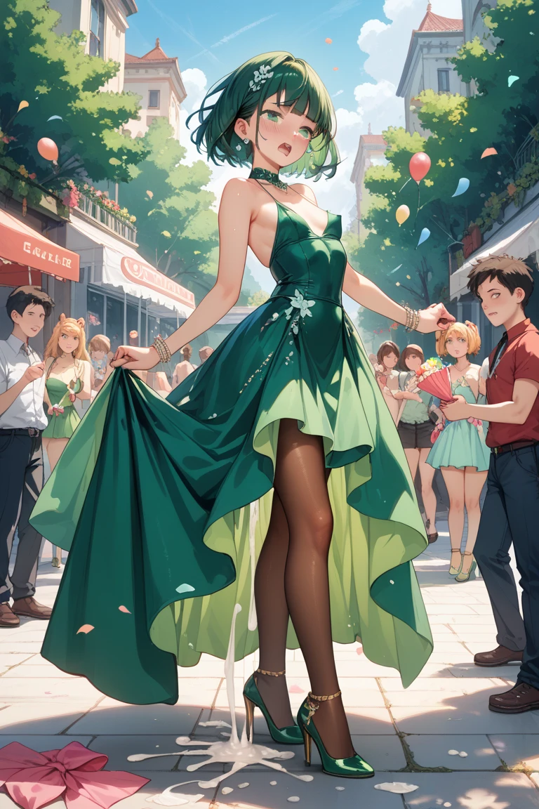 a woman in a Green Dress is walking down a sidewalk, full body Green Dress, skinTight dress, light Green Dress, Green Dress, Tight dress, wearing a neon Green Dress, with Green Dress, sleek legs, A tall, slim and beautiful goddess, Beautiful full body shot, Long legs, Variety of colors ; Mini Dress, Dresses in neon colors, ショートMini Dress