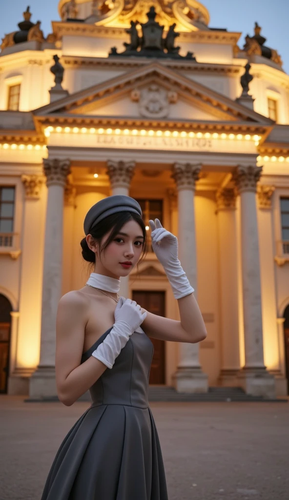 ((Masterpiece)), ((Best Quality)), A middle-aged short-hair woman, ((She is wearing an ornamental wedding dress)), She is wearing gloves on her hands., outdoor, She is in a shopping mall. She is wearing a big necklace,