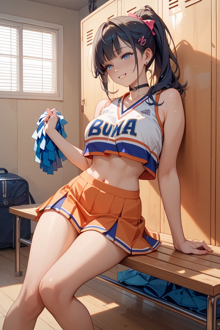 {{{masterpiece}}}, {{{best quality}}}, {{ultra-detailed}}, {illustration}, {{an extremely delicate and beautiful}},(Only One Woman)、((woman wearing cheerleader costume, wear a skirt of))、anime girl cosplay, very big breasts、big thighs、I can see your panties、hands behind head、((Face forward and open your legs wide))、squat down、blurred background、((purple hair、twin tails))、Love Live Cosplay、embarrassed look、μ's clothes