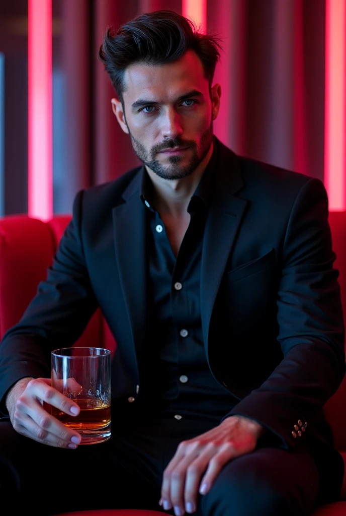 Close-up image, a dark VIP bar with phosphorescent lights, and a 30-year-old man, with very sexy masculine features, extremely handsome, marked jaw, full lips, bushy eyebrows, sexy look, Dark brown hair, very blue eyes, a black tailored suit, hair very well combed, with a whiskey in hand, and a watch on his left hand 