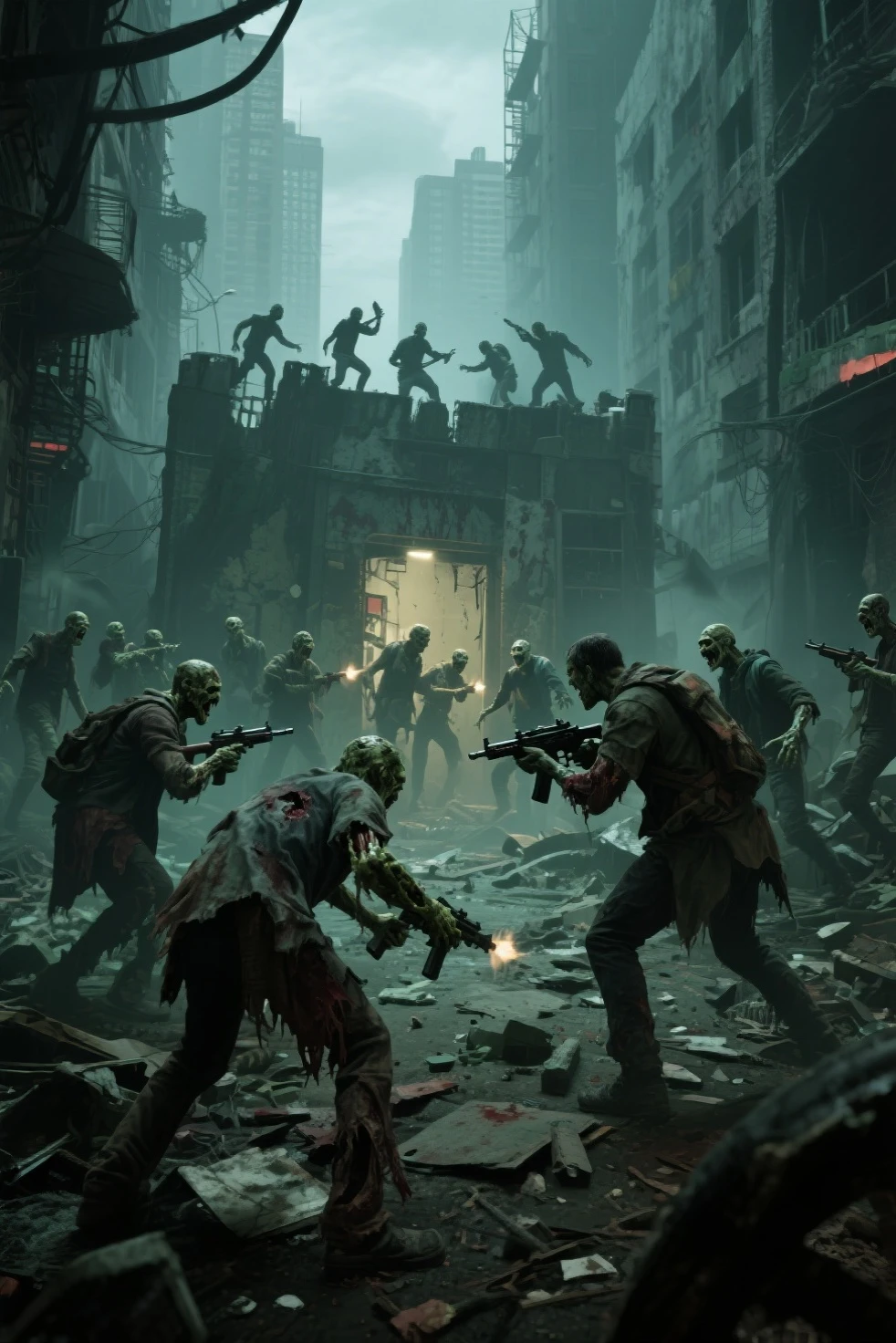 a gory setting with corpses