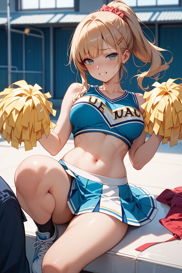 (((masterpiece))), ((highest quality)), (Very detailed), ((High resolution)), ((8k)), ((Anatomically correct)), One very cute girl, Baby Face, (Small breasts), Vocaloid, (Kagamine Rin), Blonde, Short Hair, Letting down your bangs, (Short), (Petite), Charming smile, Blue eyes, Best moment, Delicate arms, Detailed skin texture, Intricate details, Very detailedな顔, Beautiful thighs, Beautiful curves, (Sweating), Love juice is leaking, In a school classroom, ((Cheerleader)), ((Holding yellow pom-poms in both hands)), Have sex with a viewer, Male organ in vagina, Open your mouth,