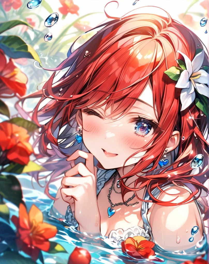 A red-haired mermaid princess。She has blue eyes、Red hair and pale pink lips。She wears a pearl-decorated tiara on her head.,Pearl earrings on the ears,A pearl necklace on her neck。Her body seemed to be surrounded by water.,There are bubbles and water droplets around。The fish's tail looks like a long flowing skirt。The whole picture gives people a mysterious and dreamy feeling。Add some details,Make the picture richer,Clear facial features,primary color,High-definition quality,high quality,masterpiece,best quality,Ultra Detailed,Adding details,high resolution,Clarity Enhancement,Detail Enhancement,极high resolution