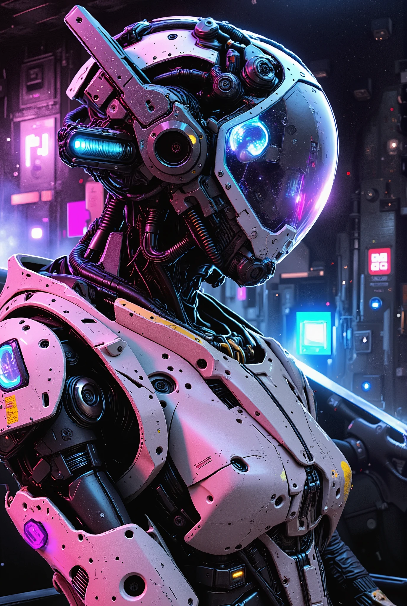 nistyle, manga-style, A hyperrealistic 3D render in intimate close-up of a feminine robot pilot's modest décolletage area, visible through a partially unzipped tactical flight suit in matte black. Her mechanical form features desaturated sections in pale mint, dusty rose, and cream with intricate seam lines and panel transitions creating subtle feminine curves. She sits in the cockpit of an advanced fighter jet, surrounded by glowing holographic displays and control panels casting muted cyan and magenta reflections. The contrast between her rugged military-grade flight suit with oxygen mask connections, g-suit straps, and tactical webbing against her delicate mechanical components in washed-out colors - faded blue hydraulic pistons, weathered panels, and matte joints - creates a striking juxtaposition. Digital glitch artifacts tear across portions of the image, creating data corruption effects and scan lines. Heavy film grain and noise texture overlay the entire composition. The image has a documentary-style realism with imperfect exposure, chromatic aberration, and subtle VHS tracking errors. Raw and unpolished, like security camera footage or military documentation.