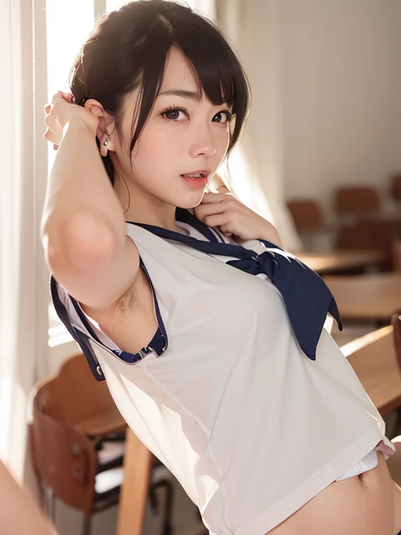 bright表情、Realistic:1.32、Highest quality、Ultra-high resolution、最も美しい日本のgirlの写真、Cute and beautiful facial details、Small face、美しいbangs、、Shine, fair, Shine肌、Hair gets tangled in the face、(girl1Only people:1.3)、顔まで伸びるbangs、bangs、Hair between the eyes、Attractive brown silky hair、bright、彼女の澄んだ瞳は魅力的にShine、Cute pose、Highest quality、((世界一可愛いgirl))、Japanese、((Upper Bodyは裸:1.3))、((Ribbon bow tie around neck:1.4))、(Low waist pleated mini skirt)、Newest Brands、(ponytail:1.3)、(Thin ribbon)、Nice and cute、An innocent smile、nice smile、Cleavage、(Big Breasts:1.3)、(Showing erect nipples:1.5)、Brown Hair、Small waist、Beautiful eyes in every detail、View your viewers、Upper Body、Face close-up、Front view、Bedroom