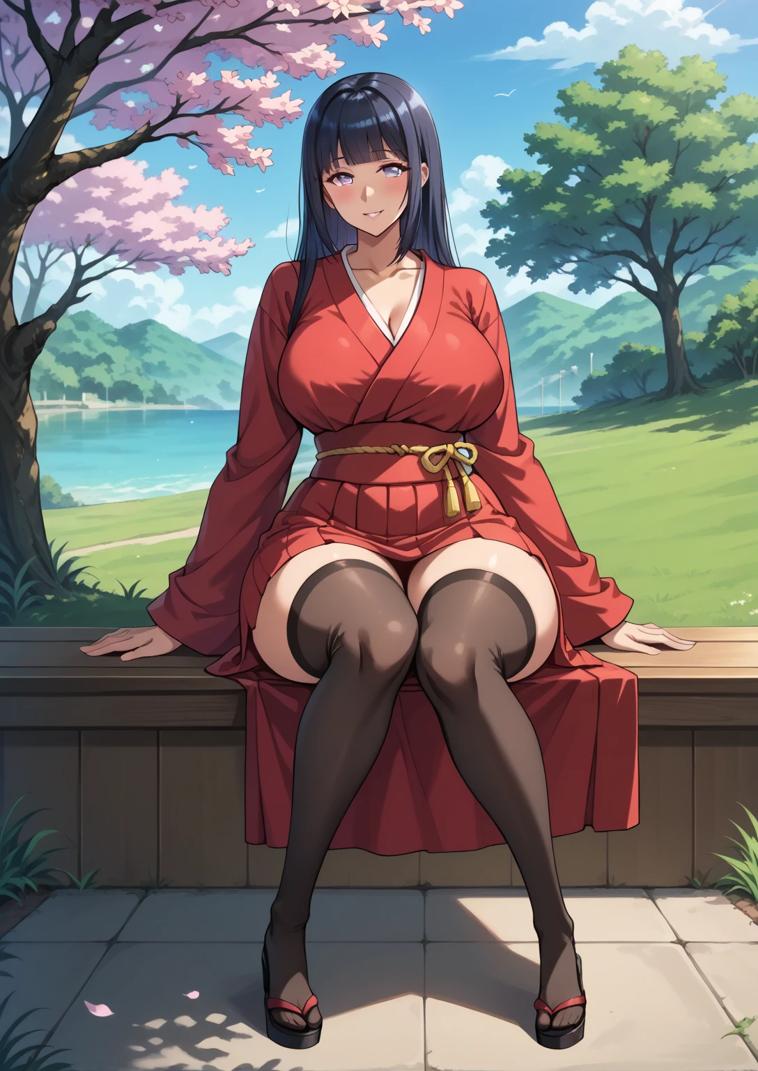 (full body), bottomheavy, huge ass, gigantic ass, thick thighs, massive thighs, hyper thighs, (extremely wide hips:1.4), solo, unohana, (background: ambient lighting, scenery, plant decor, backyard, dynamic blue sky, dynamic clouds), better quality, masterpiece, expressive eyes, perfect face, (wearing a large sweater)