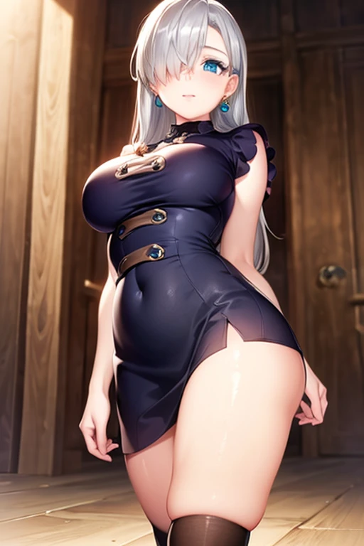 milf, 30 years old, (highres, masterpiece:1.2), white hair, robe, grey robe, huge breasts, thick thighs, standing, pelvic curtain, thighhighs, v-neck, strapless dress, blue eyes, smile, long hair, layered dress, elaborate clothing, ponytail, snow, forest in background, blue dress