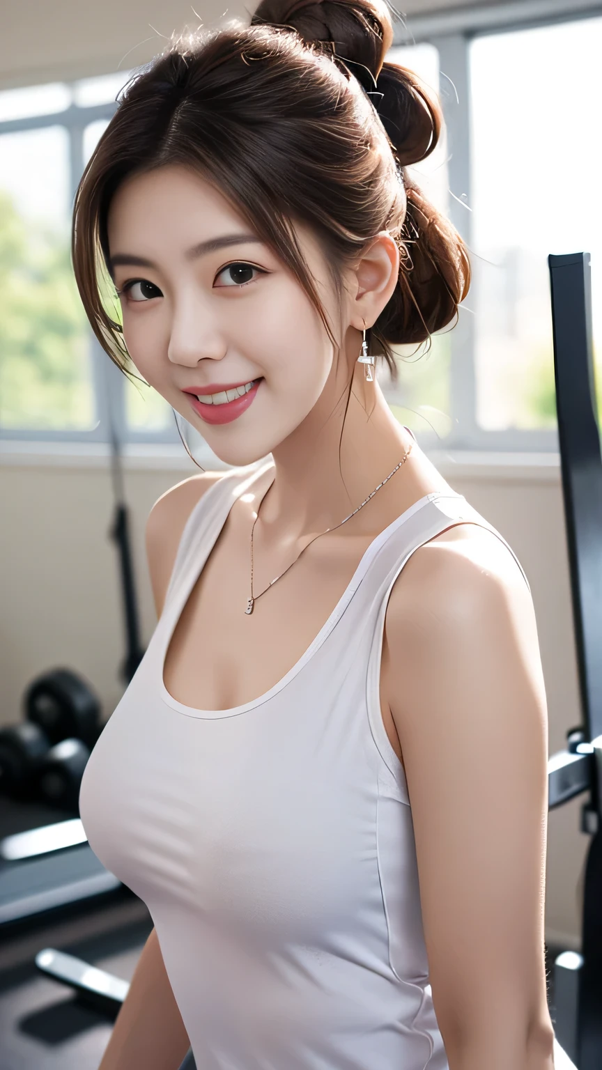 Beautiful young girl, short hair, bangs, blonde, beautiful eyes, beautiful face, looking to the viewer, (cute-smiling), raw photo, 8k, high detailed, ((in the gym:1.3)), ((black spaghetti strap tank top and leggings)), ((big boobs)), ((soaked body)), pale lips, white skin, textured skin, (high detailed skin), ((detailed-fingers)), detailed fingers, big boobs, ((seductive poses)), perfect body, perfect face, (pretty girl), necklace, (pale skin), face forward, dim lights, ((night))