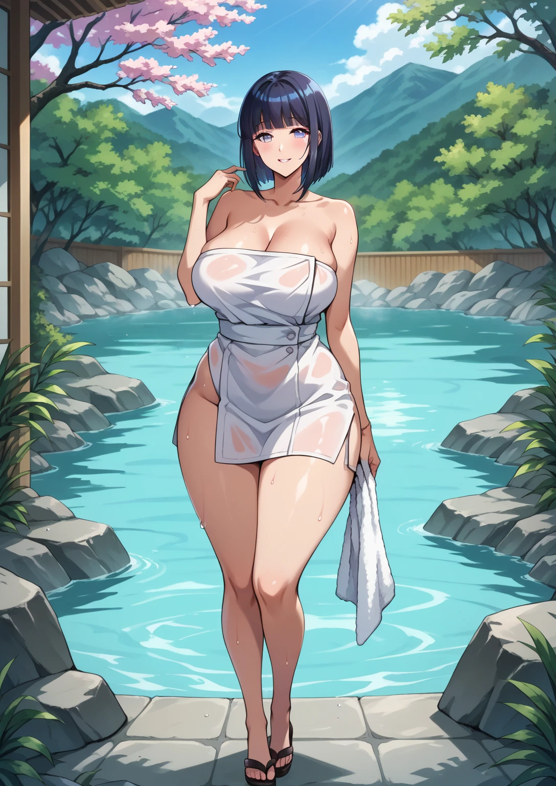 (best quality:1.3), hinata hyuga, peituda, clivagem, sedutor, sexy, body curvy, blue skies