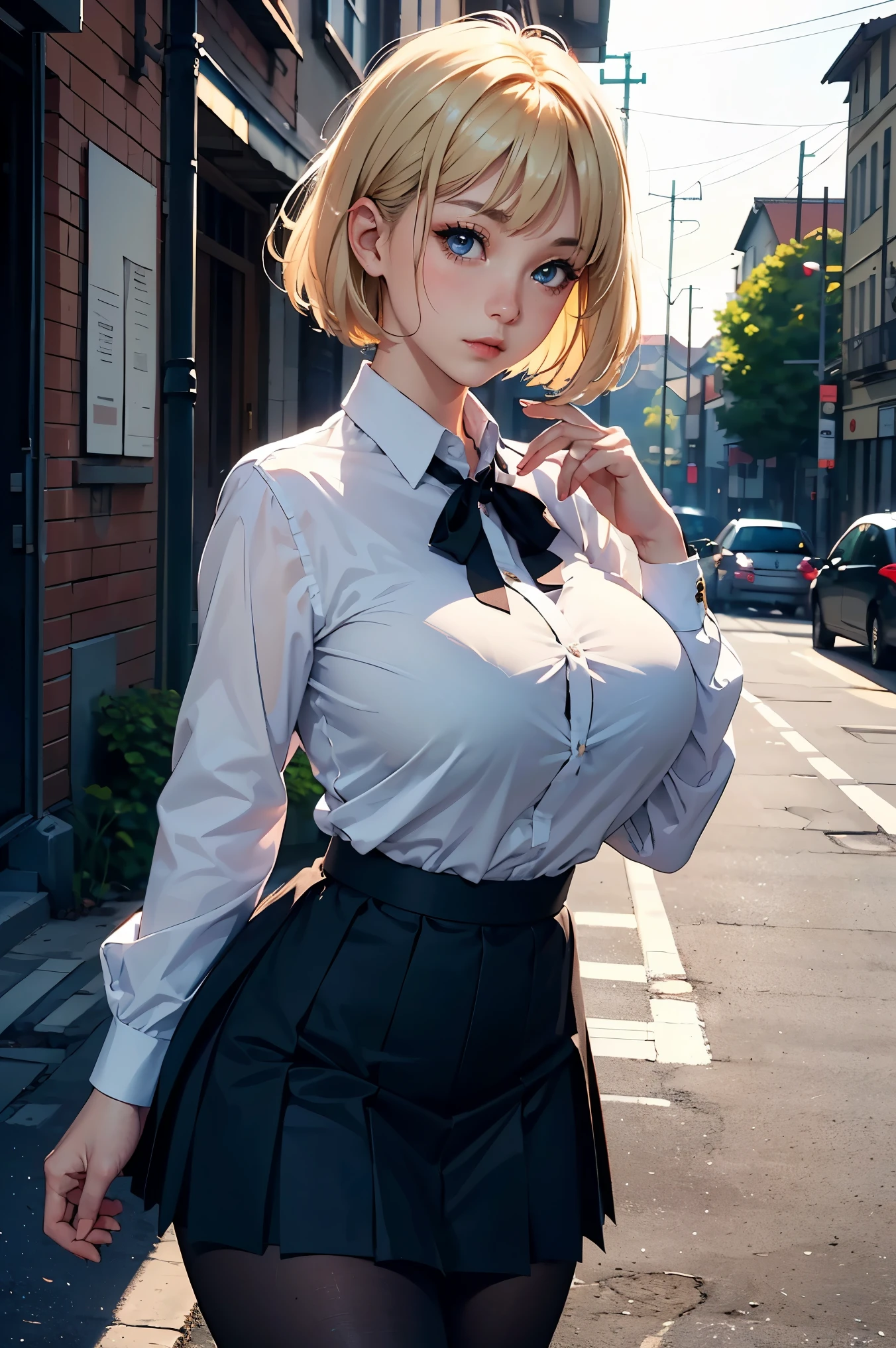 (Superlative work of the creator god: 1.4), (Absolute resolution: 1.4), (God of art's masterpiece: 1.4), Surrealist work, (Complex, detailed and realistic materials, textures, light sources: 1.3), (Perfect Anatomy: 1.2),vibrant colors, female, masterpiece, sharp focus, best quality, depth of field, cinematic lighting, yellow eyes, yellow hair, blunt bangs, ponytail, black and yellow headphones, white shirt with yellow collar, open shirt, black corset, black belt with yellow star, white skirt, enako,