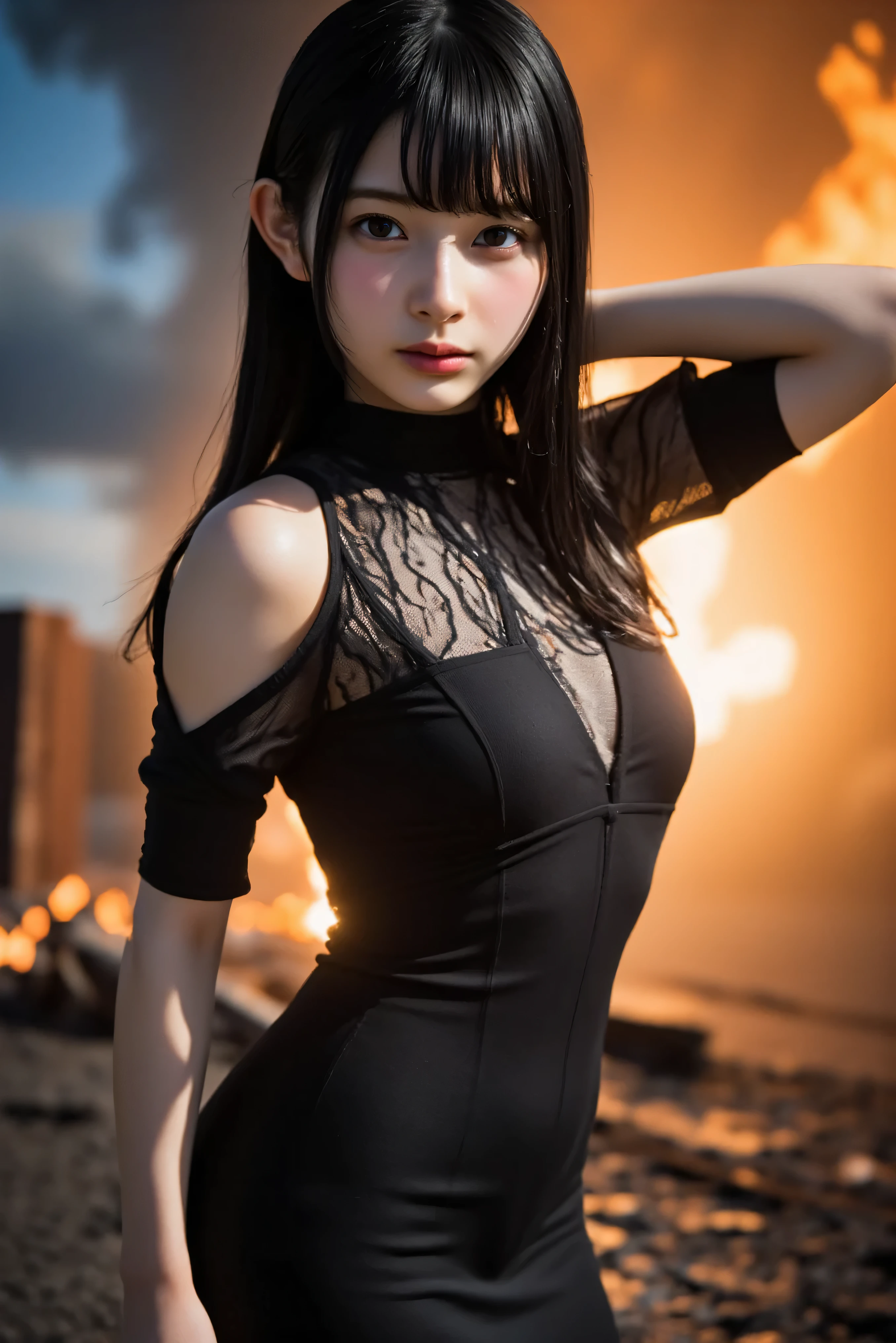 masterpiece, 最high quality, detailed, One girl, alone, night sky, Outdoor, full moon, performer, cloud, night,, Dark Sakura, (Black Dress), Long Hair, Evil Face, Red ribbon, Striped, Thighs, (Dynamic pose)、 masterpiece, 最high quality, high quality, High resolution、