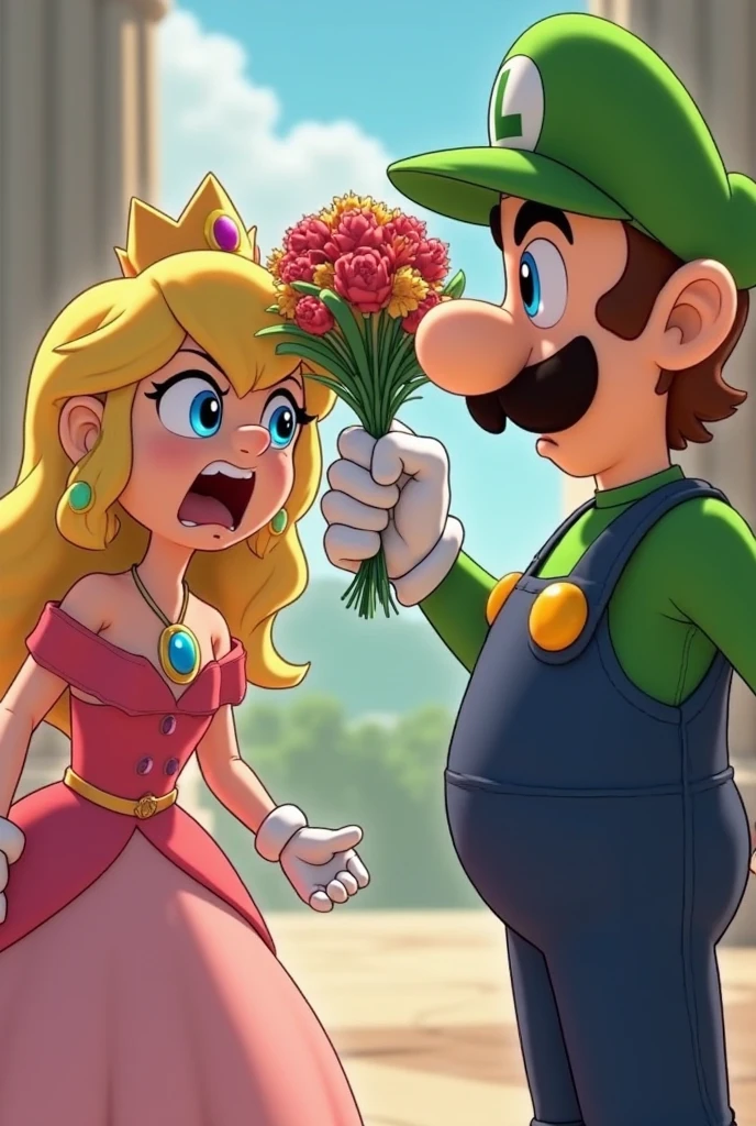 princess screams in anger and hits Luigi on the head with her bouquet of flowers. Luigi reacts surprised and scared, while the priest freezes in shock. The scene should be cartoon-style with exaggerated expressions, set in a video game-inspired world."