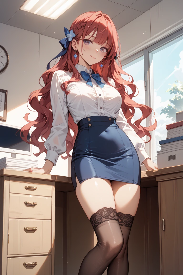 (high quality, 8k, 4K, high contrast, artwork:1.2, high quality, best aesthetics), (dynamic angle), ((1 woman)), erotic, sensual, mature body, super detailed, beautiful face detailed, beautiful eyes detailed, detailed beautiful mouth, perfect breasts, wide thighs, sexy body, caucasian, red hair, long hair, long wavy hair, green eyes, long eyelashes, blushing, arrogant and dominant expression, seductive, white dress shirt with black tie, short black skirt, sitting on top of a desk, classroom, green chalkboard in the background.