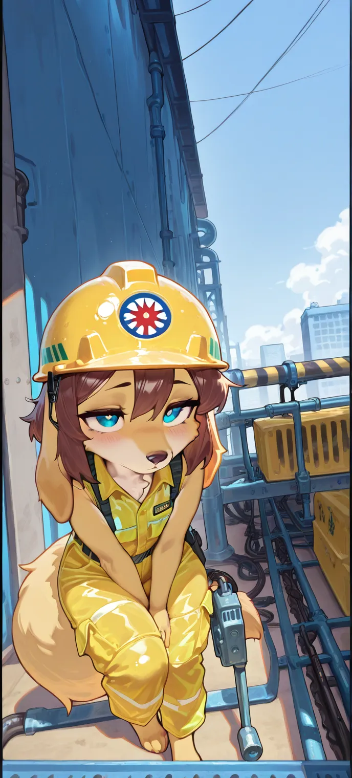 high quality, masterpiece, nude woman in construction helmet, yellow construction helmet, nude, no clothes, dirty skin, against construction site, smile, accurate face, beautiful face, beautiful body, beautiful firm breasts, accurate anatomy, model pose, dark hair, black skin, dark complexion, sweaty, wet skin, blond hair, blue eyes